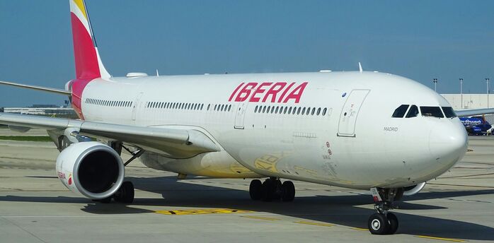 Iberia long-haul aircraft on airport apron
