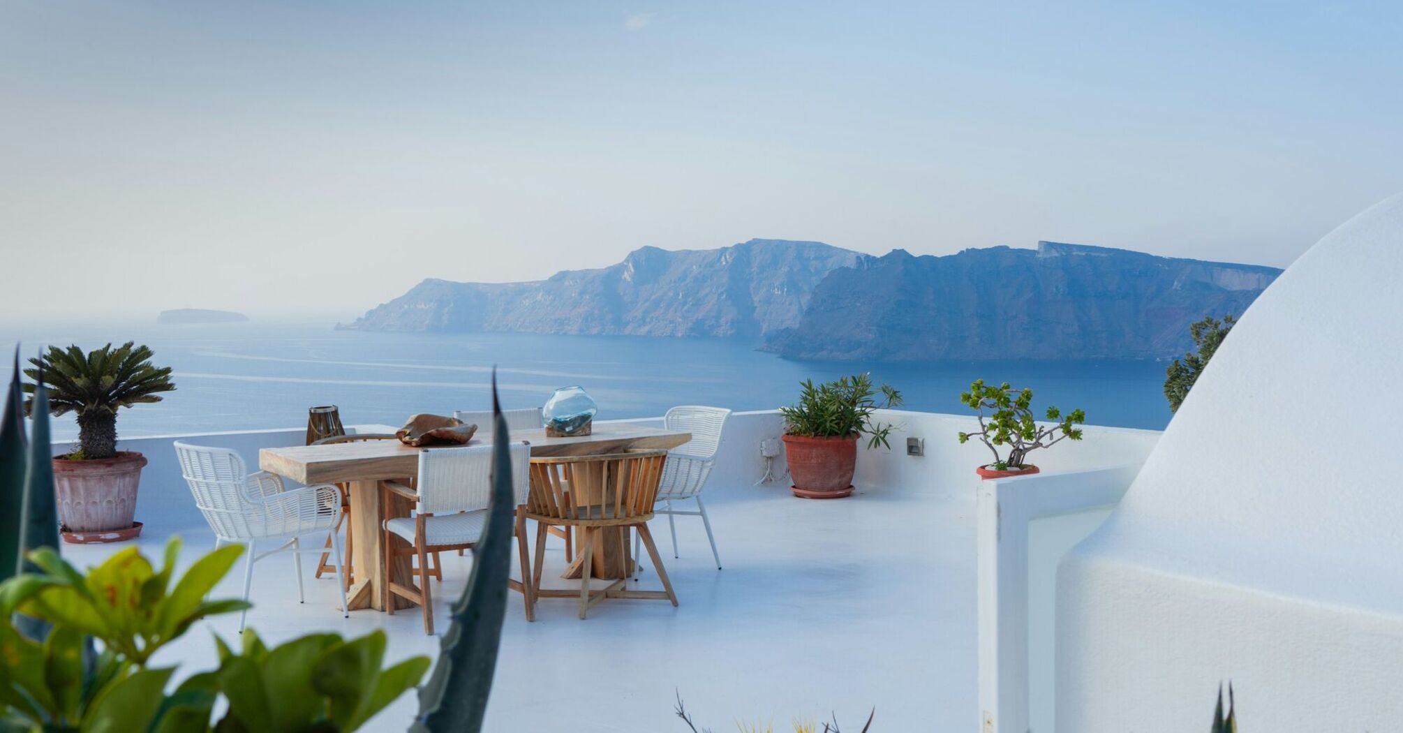 Santorini terrace overlooking caldera and Aegean Sea
