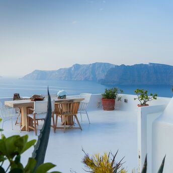 Santorini terrace overlooking caldera and Aegean Sea