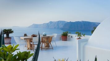Santorini terrace overlooking caldera and Aegean Sea