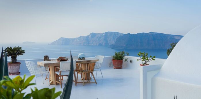 Santorini terrace overlooking caldera and Aegean Sea
