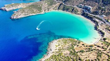 Aerial view of turquoise bay on Greek island coastline