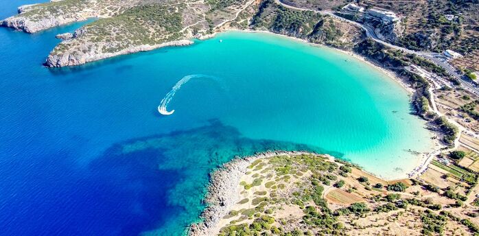 Aerial view of turquoise bay on Greek island coastline