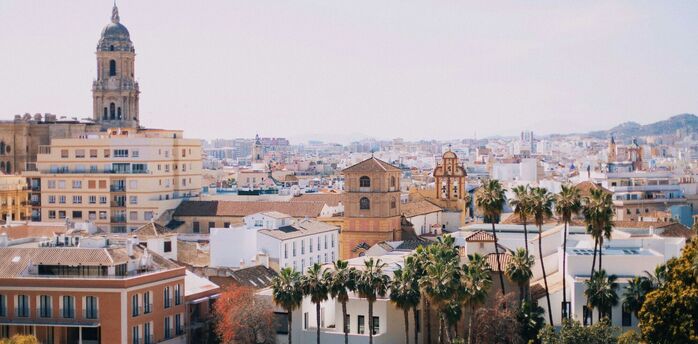 Málaga skyline with cathedral and palm trees