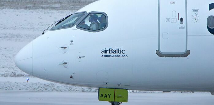 airBaltic Airbus A220-300 aircraft on snowy runway