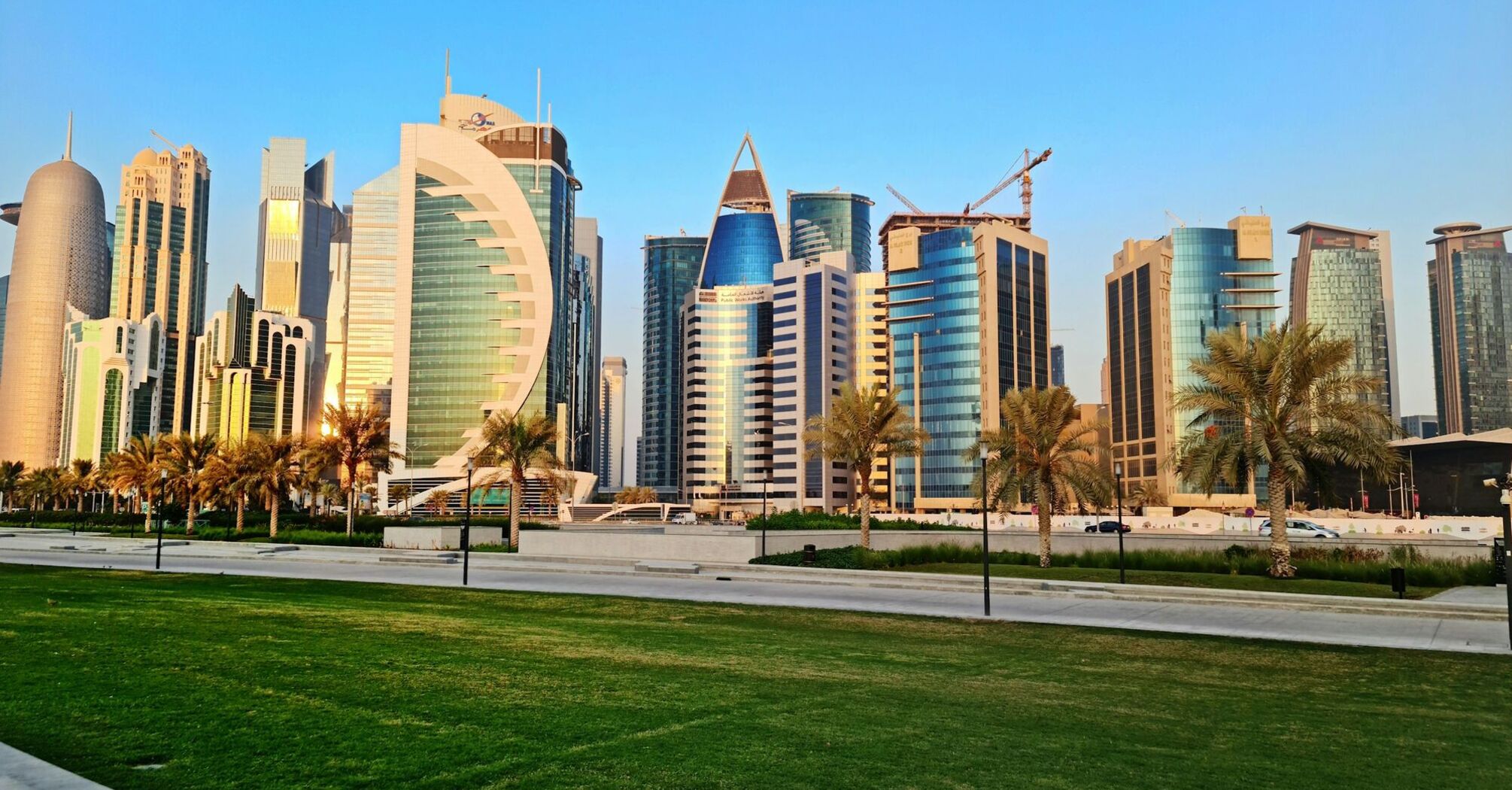 Modern skyline of central Doha with glass towers