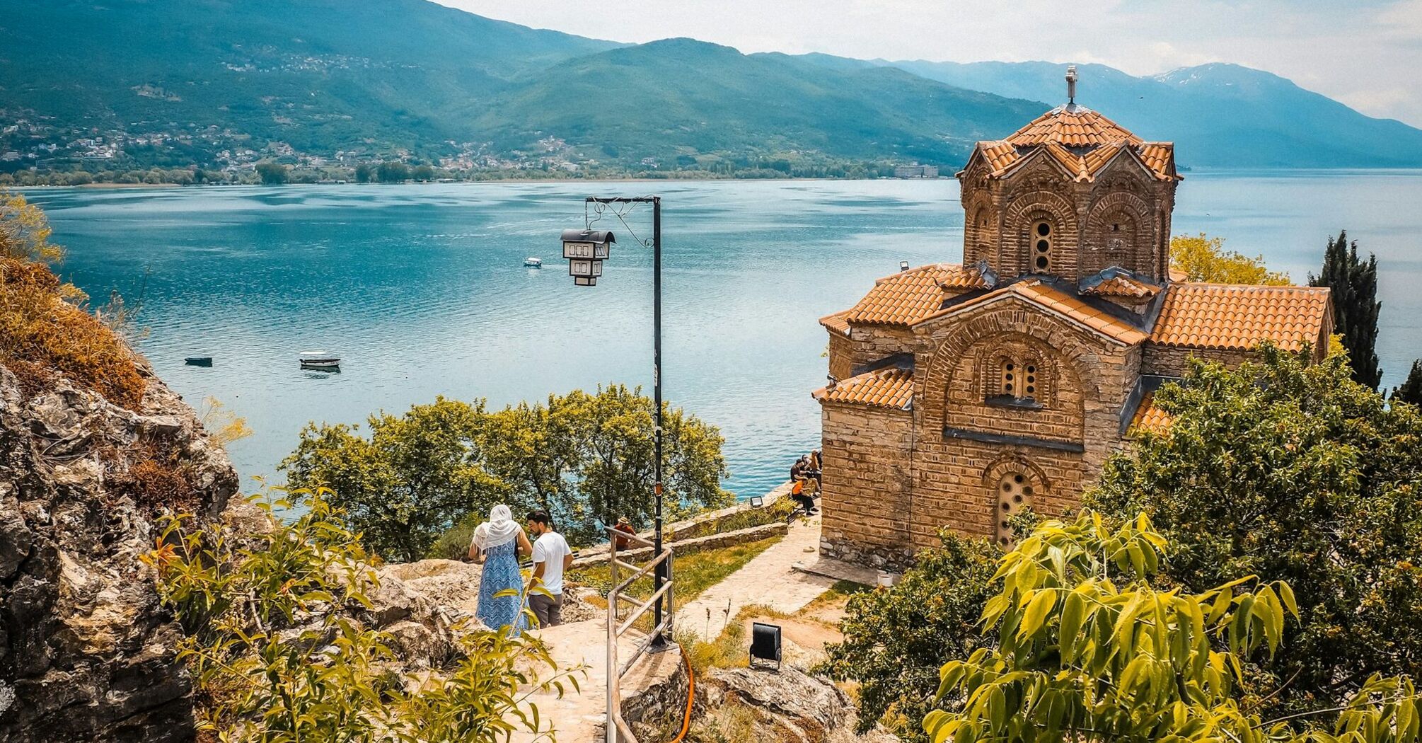 Church overlooking Lake Ohrid with mountains in background