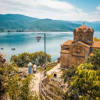Church overlooking Lake Ohrid with mountains in background