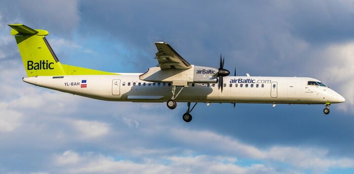 airBaltic aircraft in flight against cloudy sky