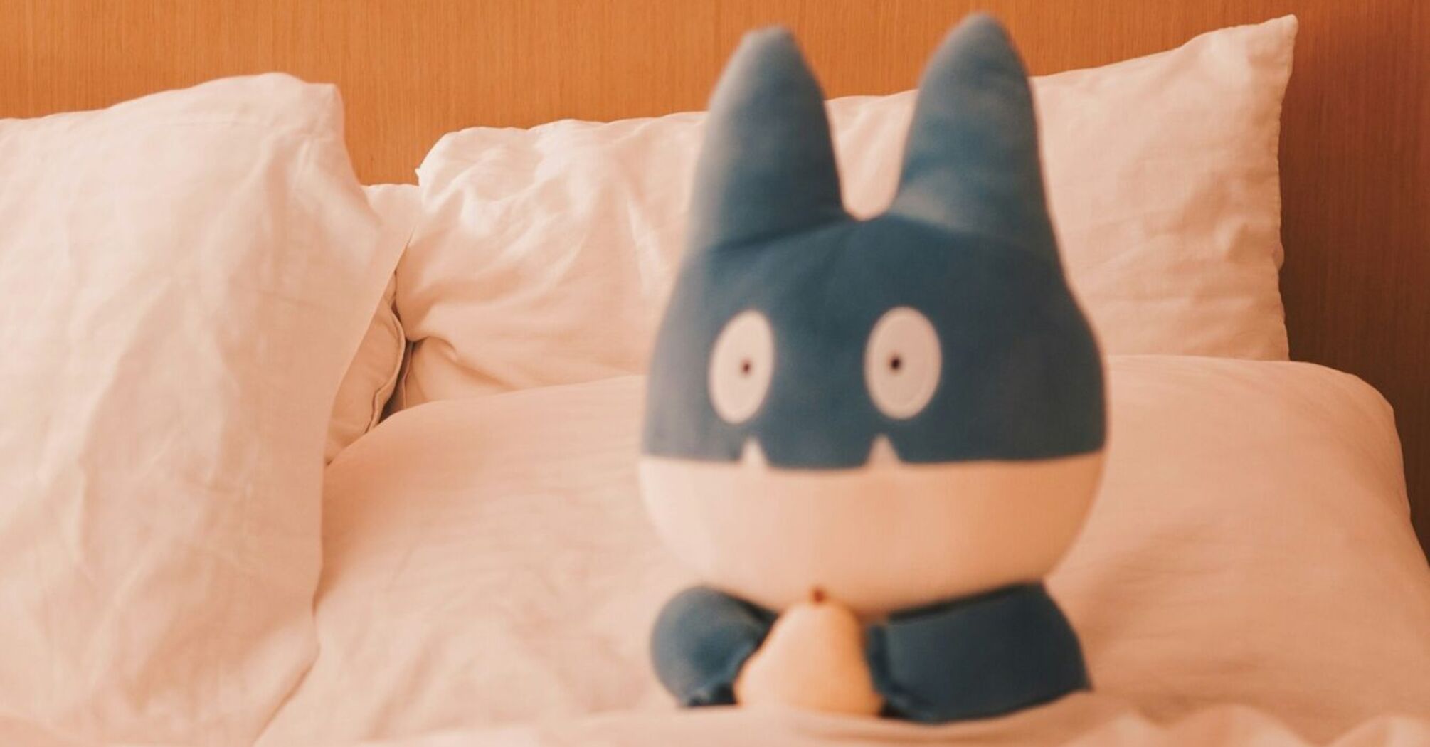Plush toy sitting on a hotel bed