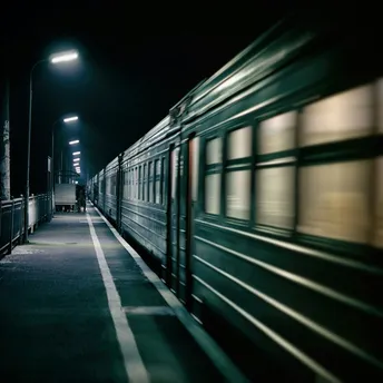 Night train departing a platform at a railway station