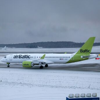 airBaltic Airbus A220 aircraft on snowy runway