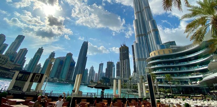 Dubai skyline with Burj Khalifa and downtown waterfront