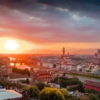 Florence skyline at sunset with Duomo and Arno River