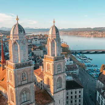 Grossmünster church towers and Lake Zurich skyline