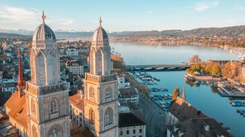 Grossmünster church towers and Lake Zurich skyline