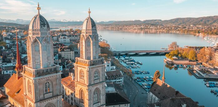 Grossmünster church towers and Lake Zurich skyline