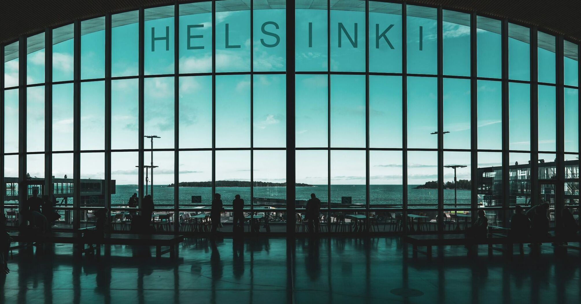 Helsinki Airport terminal interior with large panoramic window