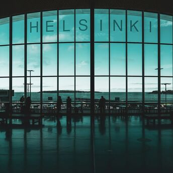 Helsinki Airport terminal interior with large panoramic window