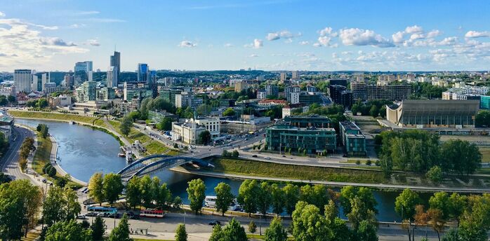 Vilnius skyline with Neris River and modern city centre