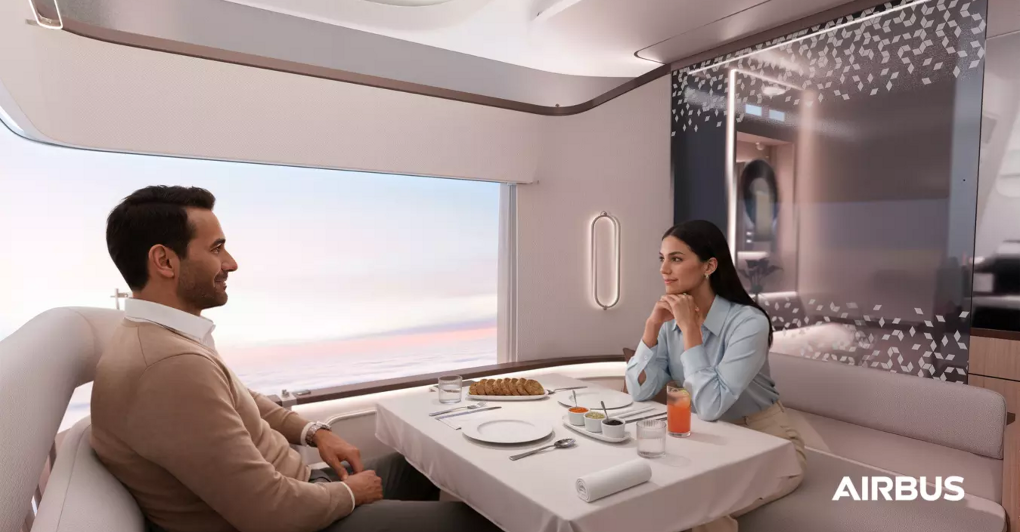 Two passengers dining inside Airbus A350 First Class suite with large window view