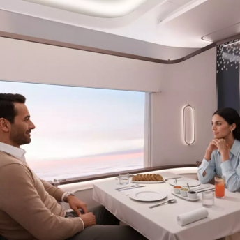 Two passengers dining inside Airbus A350 First Class suite with large window view