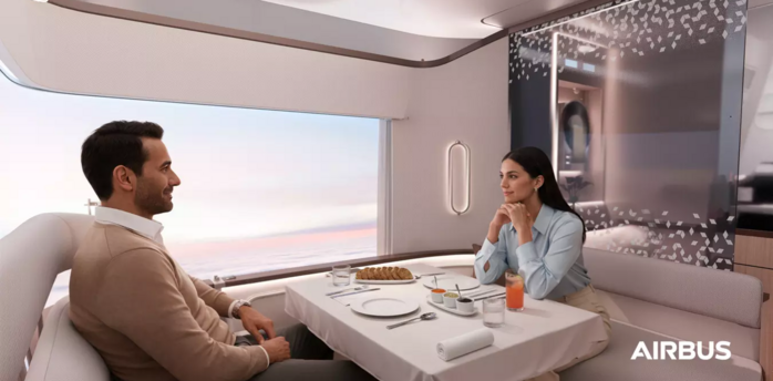 Two passengers dining inside Airbus A350 First Class suite with large window view