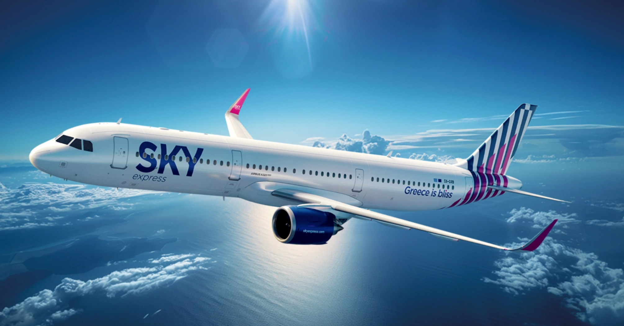 SKY express aircraft flying above clouds