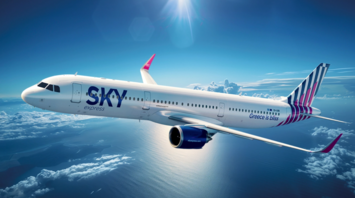 SKY express aircraft flying above clouds