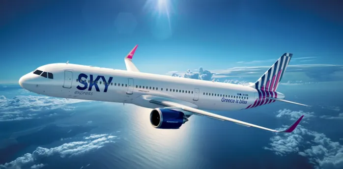 SKY express aircraft flying above clouds