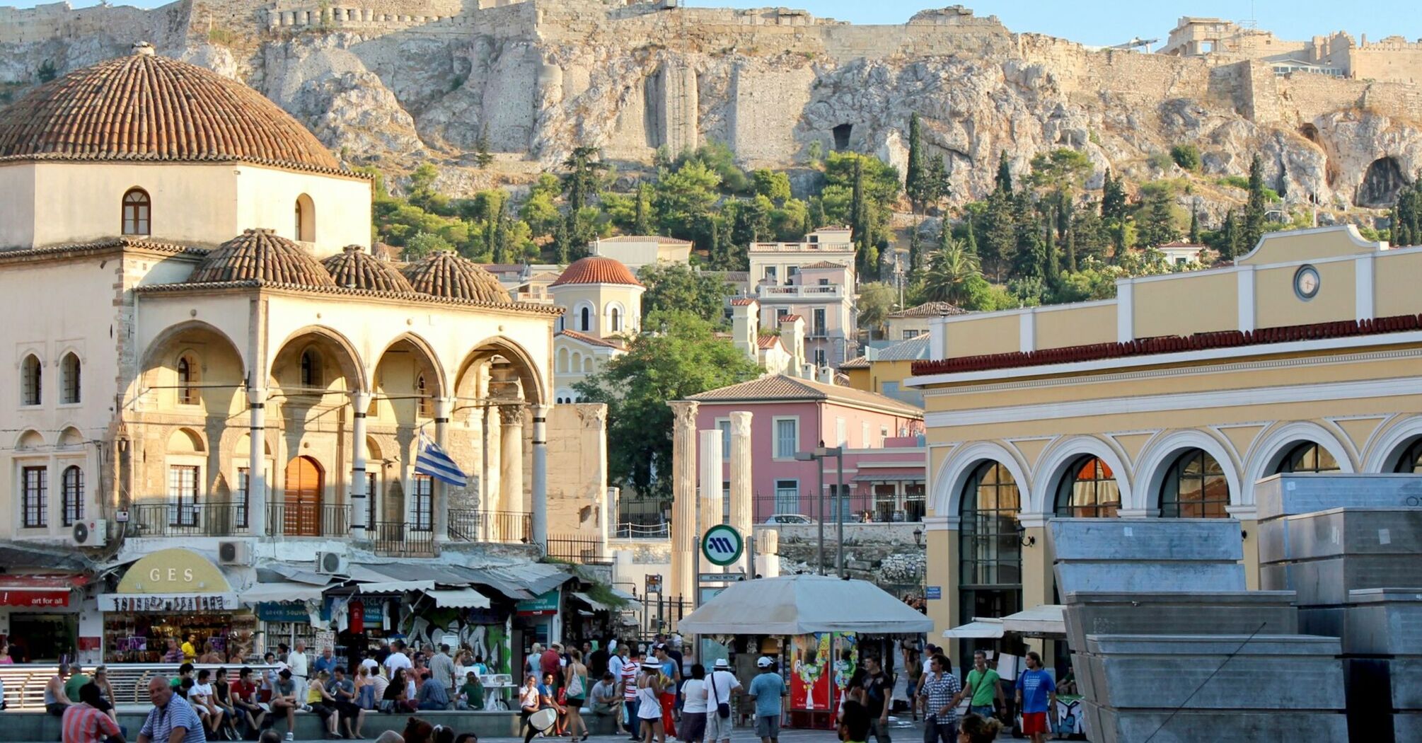 View of central Athens with Acropolis and busy square