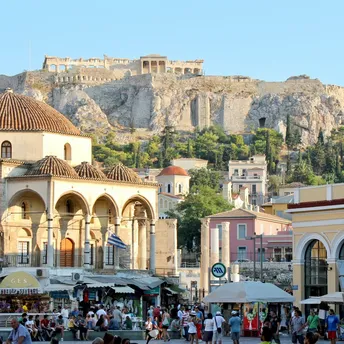 View of central Athens with Acropolis and busy square