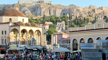 View of central Athens with Acropolis and busy square