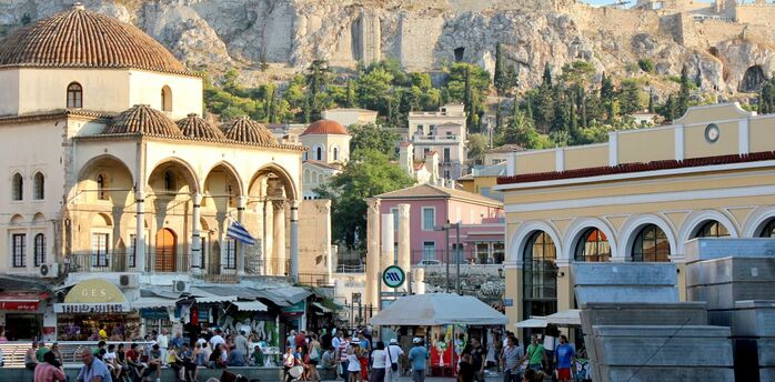View of central Athens with Acropolis and busy square