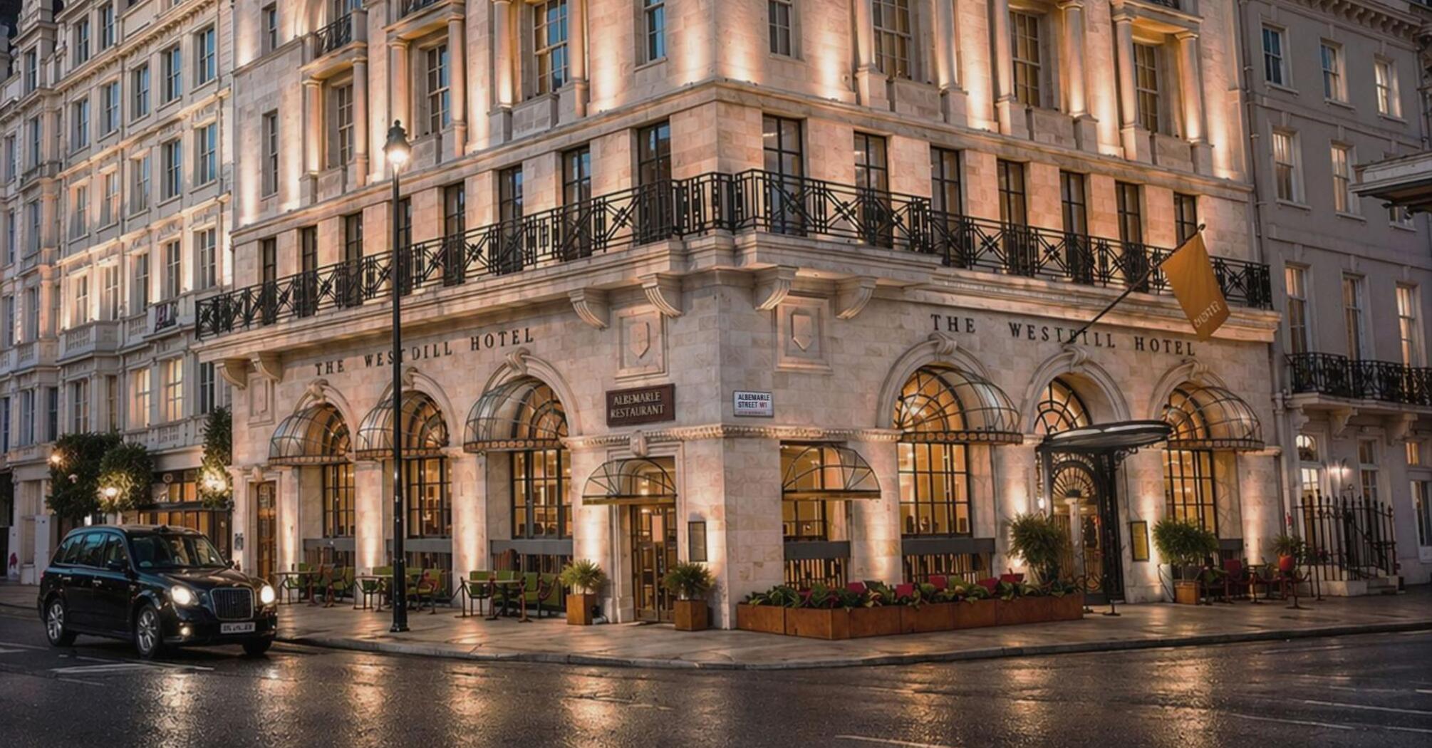 Exterior view of historic building on corner of Piccadilly and Albemarle Street in London