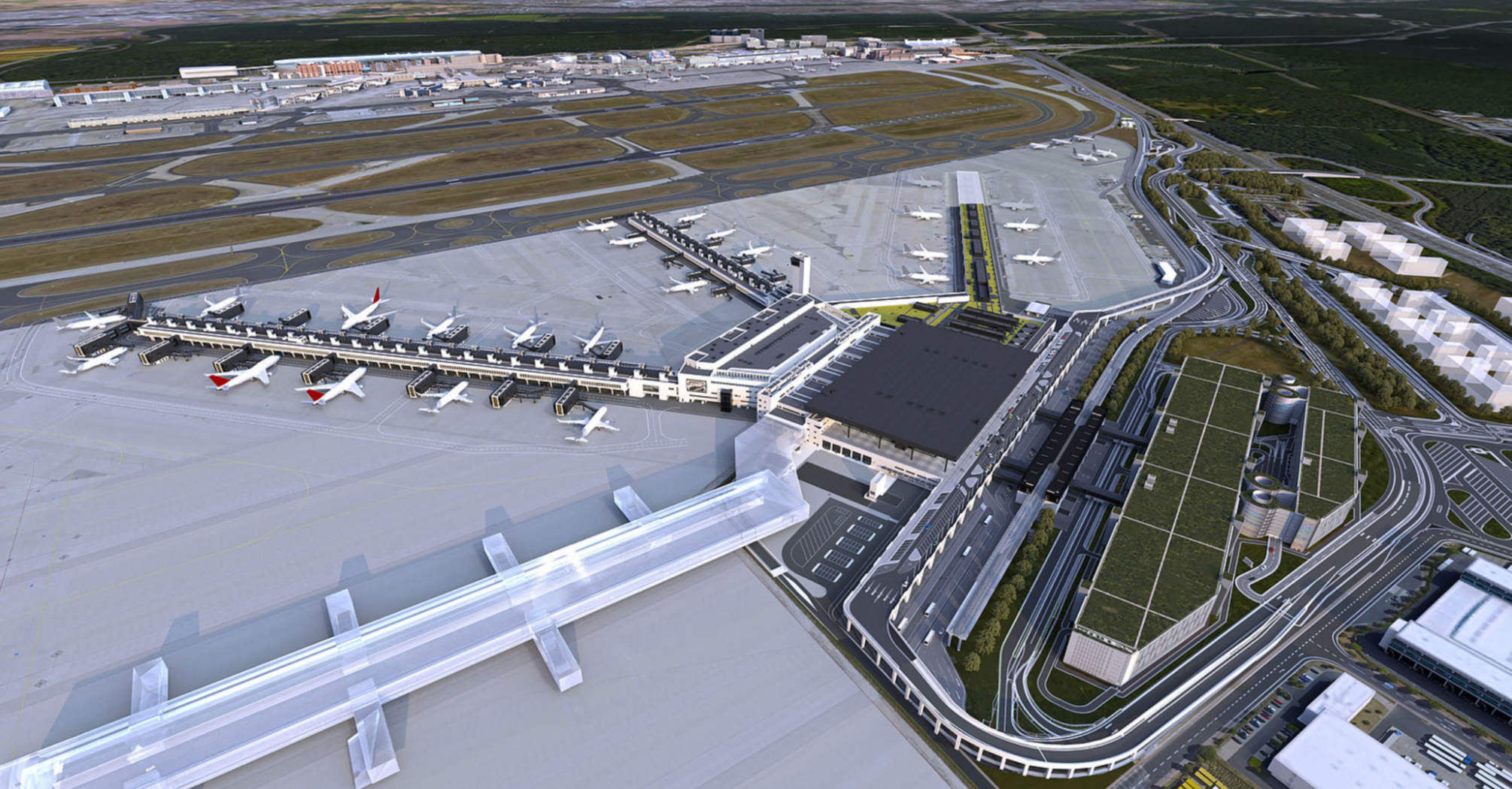 Aerial view of Frankfurt Airport Terminal 3 and aircraft stands
