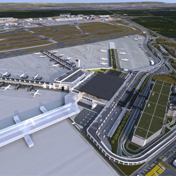 Aerial view of Frankfurt Airport Terminal 3 and aircraft stands
