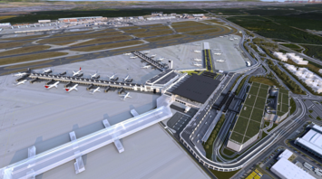 Aerial view of Frankfurt Airport Terminal 3 and aircraft stands