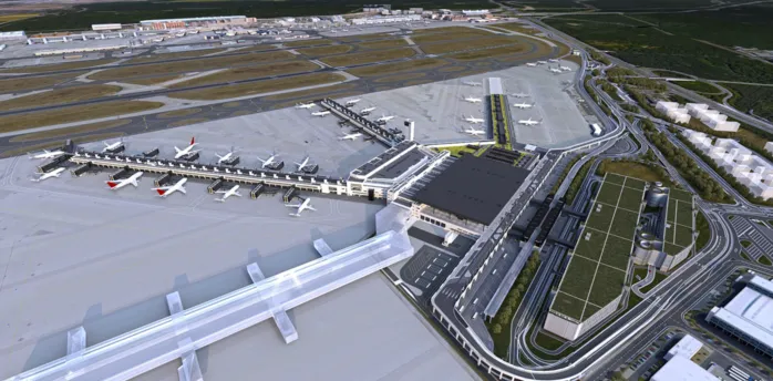 Aerial view of Frankfurt Airport Terminal 3 and aircraft stands