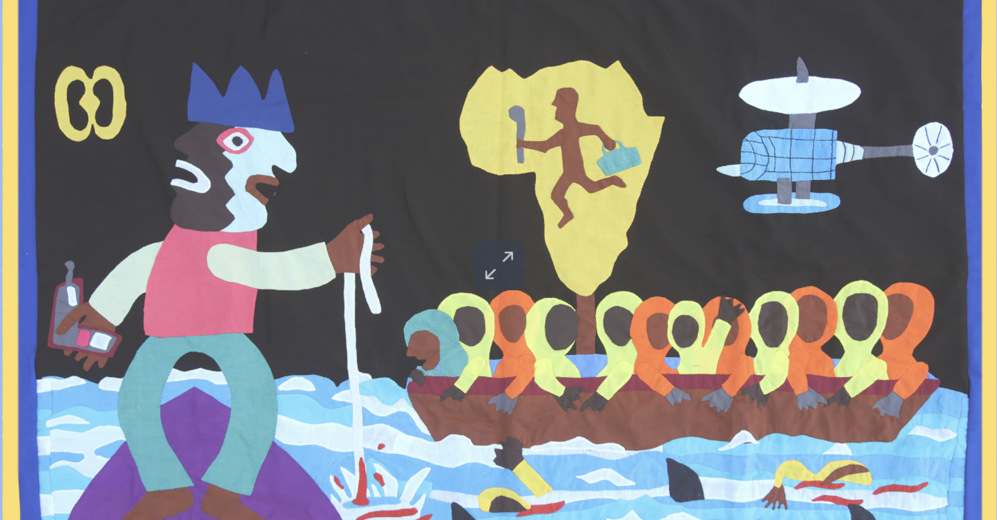 Colourful contemporary African artwork with symbolic figures and abstract elements