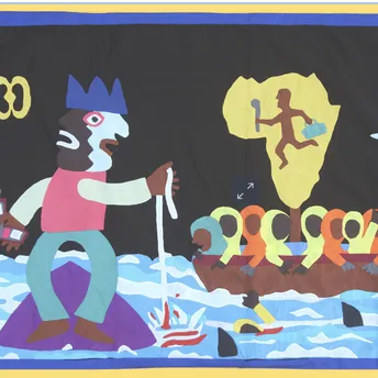 Colourful contemporary African artwork with symbolic figures and abstract elements