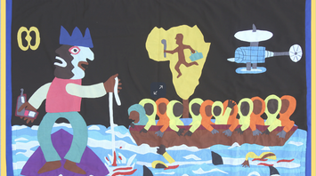 Colourful contemporary African artwork with symbolic figures and abstract elements