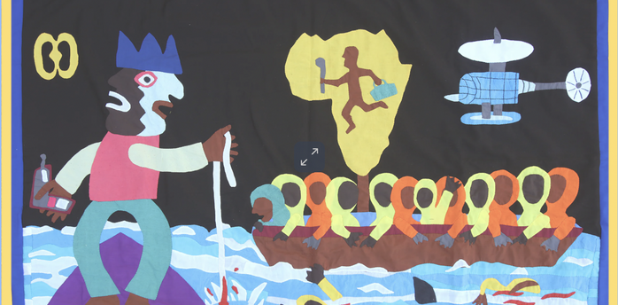 Colourful contemporary African artwork with symbolic figures and abstract elements