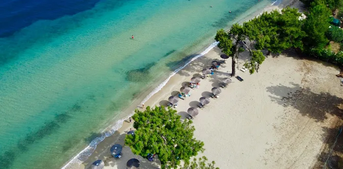 Aerial view of sandy beach with umbrellas and clear turquoise water in Thassos