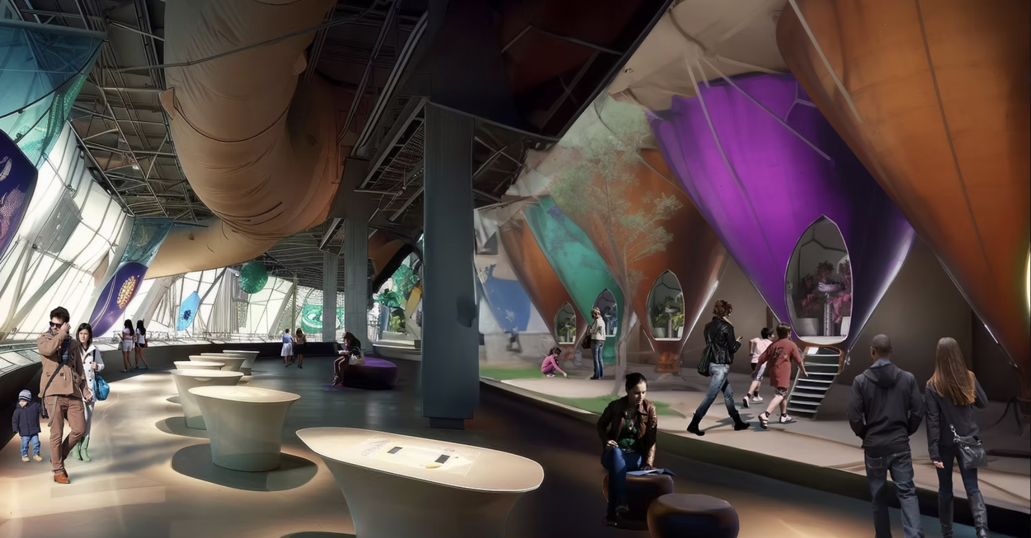 Visitors inside futuristic indoor exhibition space with colourful installations