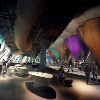Visitors inside futuristic indoor exhibition space with colourful installations