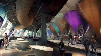 Visitors inside futuristic indoor exhibition space with colourful installations
