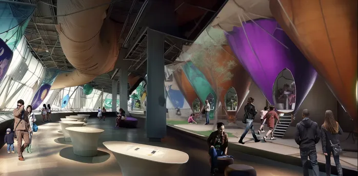 Visitors inside futuristic indoor exhibition space with colourful installations