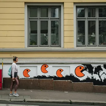 Street mural with orange figures on building wall