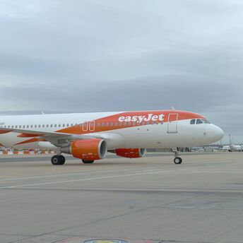 easyJet aircraft taxiing on runway at airport under cloudy sky